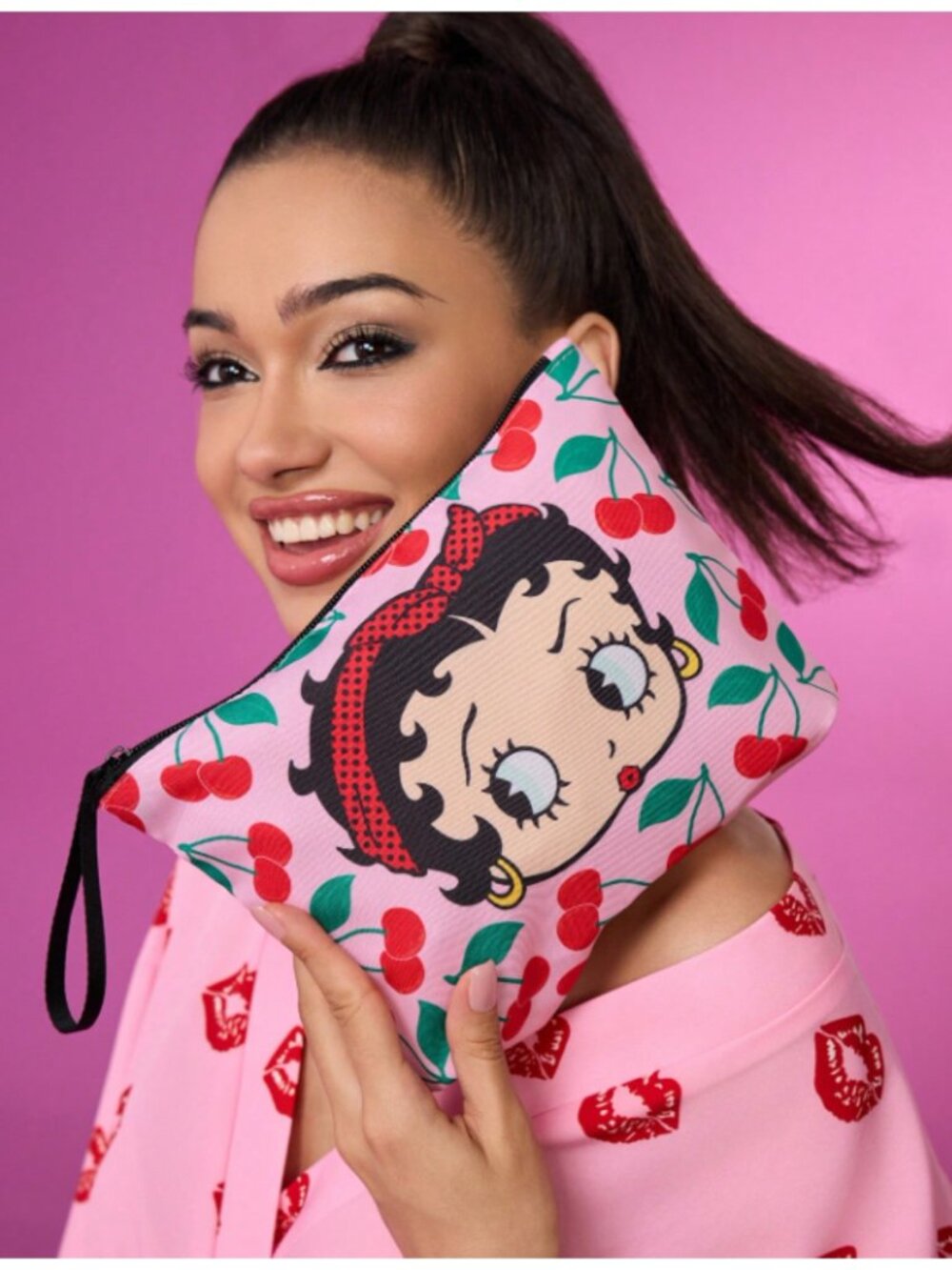 Betty Boop Cherry Print Cosmetic Bag Lightweight Polyester Makeup Pouch, Zipper